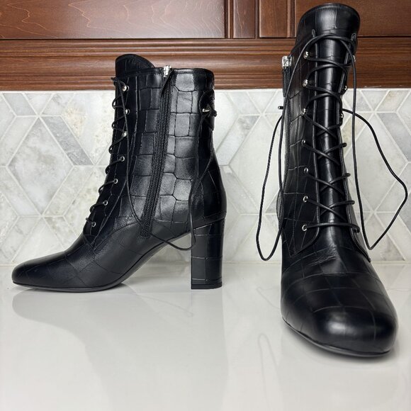 41/10 Black Leather Croc Round Toe Lace Up Zip Block Heel Ankle Boot Bootie - Picture 1 of 12